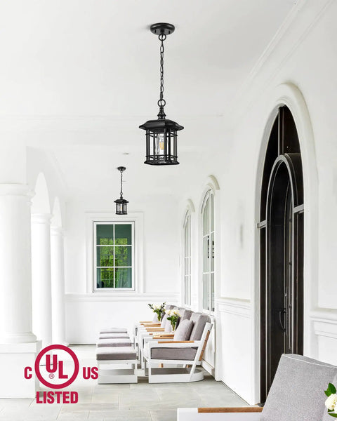Outdoor Pendant Lights For Porch Black Exterior Hanging Lanterns Waterproof Aluminum Farmhouse Ceiling Light Fixture With Tempered Seed Glass Chandelier For Gazebo on a white porch