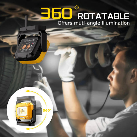 2 Pack Magnetic Work Light With 1500LM Output in use for car repair, showing 360 Degree Rotating Magnetic Stand and Hook.