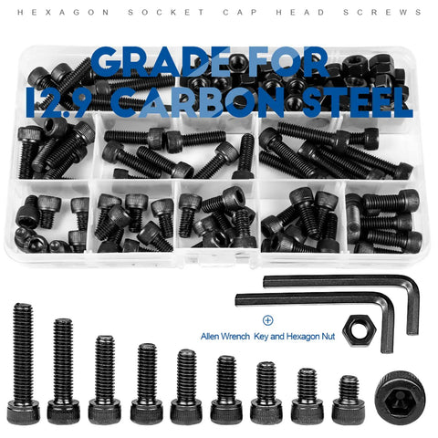 M3 Hex Socket Head Cap Screws Kit With Nuts And Wrench Key Allen Drive Heavy Duty Carbon Steel 12 9 Grade Black Zinc Finish