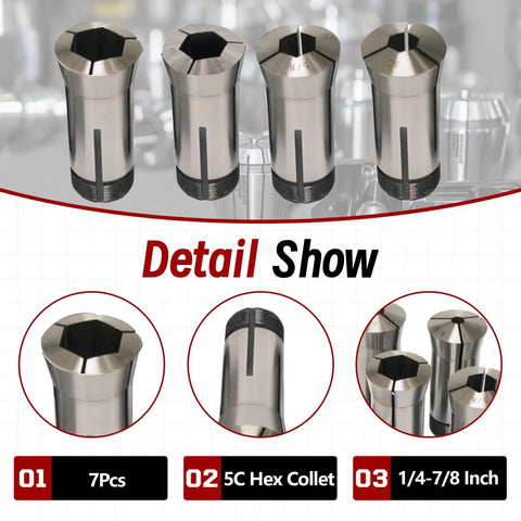 7 Piece 5C Hex Collet Set For CNC Milling And Engraving Machines Inch Sizes One Quarter Inch Through Seven Eighth Inch Spring