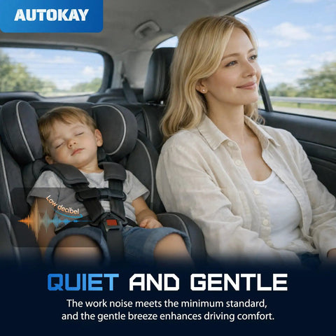Quiet and gentle car environment featuring a relaxed child in a safety seat and a smiling woman, emphasizing low decibel comfort.