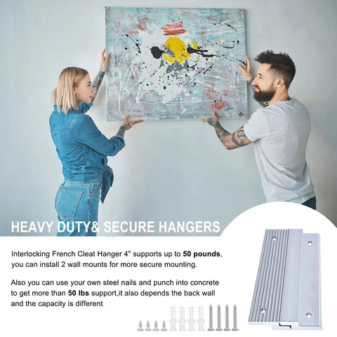 Heavy Duty French Cleat Picture Hanger Kit With Stealth Aluminum Wall Brackets For Artwork Mirrors And Whiteboards Holds 50 Pounds Per Pair No Sweat Install, couple mounting a large painting.