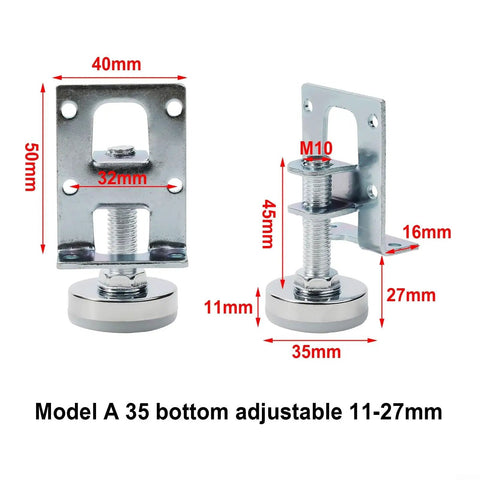 Four Pack Furniture Leveling Feet With Hex Key Cold Rolled Steel Leveler Legs for Cabinets, dimensions shown 11-27mm adjustable height