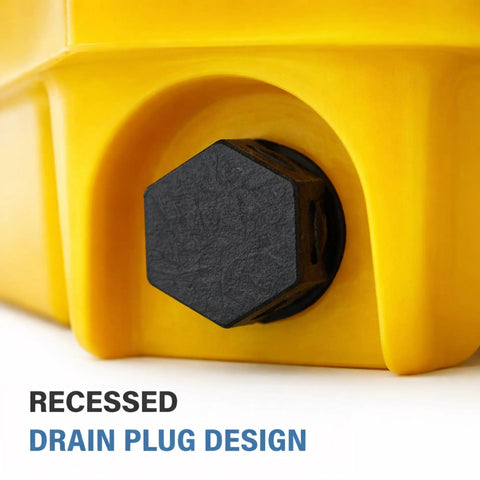 Close-up of the drain on a Beefed Up Workhorse Spill Containment Pallet For 55 Gallon Drums With Secondary Containment Tray And Drain, 2200 Lb Load Capacity, Modular Industrial Spill Platform, 26.4 x 26.4 x 6 Inches.