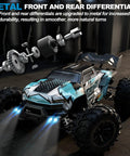 1:16 Scale Brushless RC Car With 50 Plus MPH Speed All Terrain Off Road Monster Truck For Adults And Teens 14 Plus 2.4GHz Control Dual LiPo Batteries Ready To Run Hobby Grade Remote Control Vehicle showing metal front and rear differentials