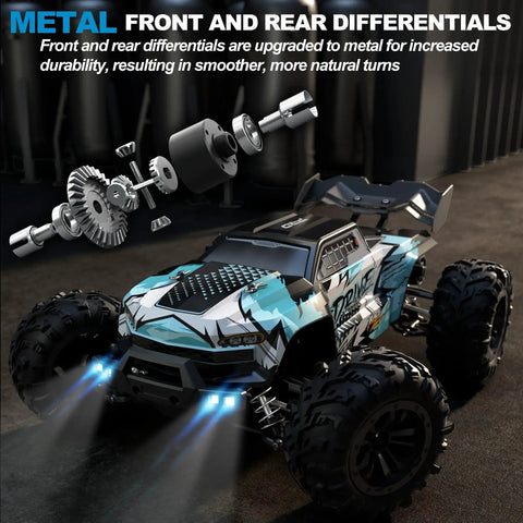 1:16 Scale Brushless RC Car With 50 Plus MPH Speed All Terrain Off Road Monster Truck For Adults And Teens 14 Plus 2.4GHz Control Dual LiPo Batteries Ready To Run Hobby Grade Remote Control Vehicle showing metal front and rear differentials