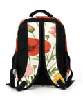 Back view of Vibrant Watercolor Poppies Backpack in red pink and yellow with padded straps for unisex use, large capacity daypack.