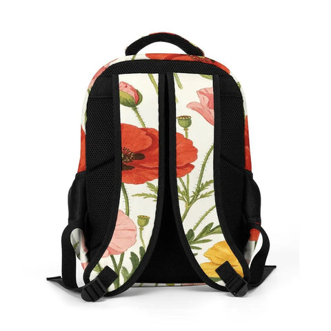 Back view of Vibrant Watercolor Poppies Backpack in red pink and yellow with padded straps for unisex use, large capacity daypack.