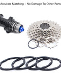 Aluminum Bike Hub Spacer Kit With Grooved Washers And Cassette Spacers For MTB And Road Bikes Pro Grade Freehub Gasket 7 8 9 10 11 Speed Compatible Ultra Light And High Hardness Available In 1 1.5 2 1.85 2.18 2.35 Mm displayed with cassette and freehub