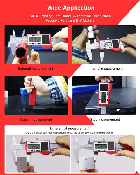Solar Powered Digital Caliper 6 Inch, 0.001 Inch Precision, stainless steel, demonstrating various measurement modes