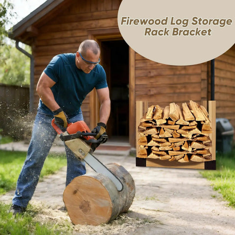 Man cutting firewood with chainsaw next to log storage rack bracket displaying stacked firewood in backyard.