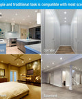 Eight Pack 6 Inch LED Recessed Retrofit Downlight Kit With 5CCT lighting in kitchen, corridor, bedroom, and basement settings.