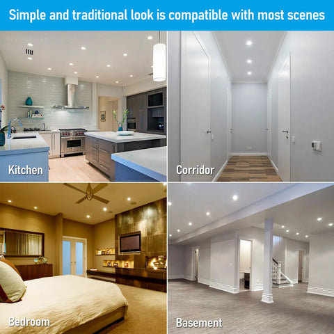Eight Pack 6 Inch LED Recessed Retrofit Downlight Kit With 5CCT lighting in kitchen, corridor, bedroom, and basement settings.