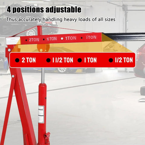 Heavy Duty Engine Hoist Leveler And Foldable Hydraulic Cherry Picker Crane Built Tough For Serious Garage Jobs showing adjustable lift positions.