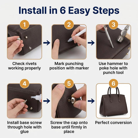 Install Premium 12Mm Screw Back Metal Studs And Rivets Kit with hand tools in 6 easy steps for leather crafting.