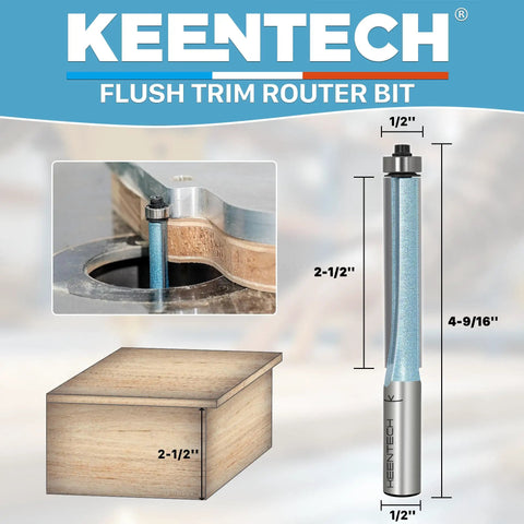 Flush Trim Router Bit With Half Inch Shank And Two And A Half Inch Cutting Depth For Template Work, Clean Flush Trimming