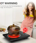 Portable 1800W Electric Cooktop With LED Touch Screen Single Burner Stove displaying hot warning with cookware