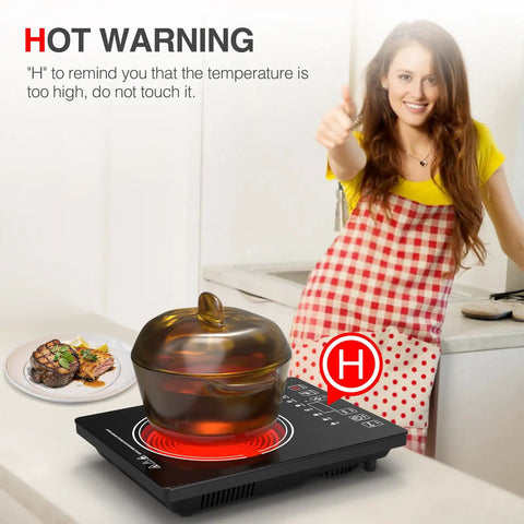 Portable 1800W Electric Cooktop With LED Touch Screen Single Burner Stove displaying hot warning with cookware