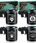 Clamp On Marine Boat Rail Cup Holder Four Pack With 360 Degree Swivel No Drilling Required Install On Poles Or Handrails For Kayaks And Boats A Smart Gift For Adventurers Classic Style And Enduring Durability, featuring four black clamp cup holders with creative nautical designs.