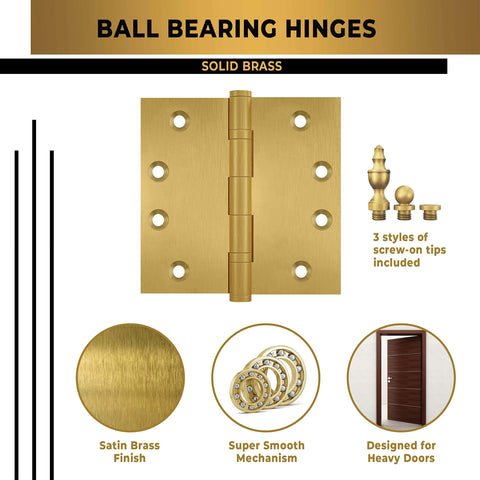 Heavy Duty Ball Bearing Door Hinges 4x4 Inch Solid Brass Matte Satin Brass With Decorative Screw On Tips Included Set Of 48 For Ultra Durable Interior And Exterior Doors, showing screw-on tips, satin brass finish, and smooth mechanism.