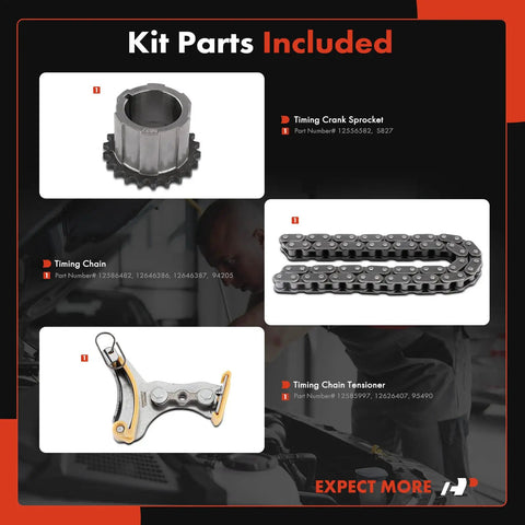 3-Piece Engine Timing Chain Kit for Chevy Silverado, includes crank sprocket, chain, and tensioner for GM Trucks, SUVs
