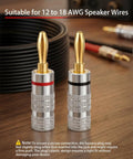 Pro Grade 24K Gold Plated Banana Plugs For 4MM Speaker Wire Connectors showcasing dual screw clamp design on wooden surface.