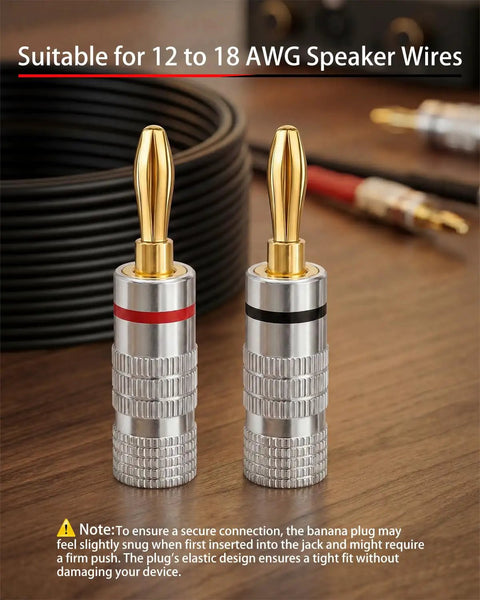 Pro Grade 24K Gold Plated Banana Plugs For 4MM Speaker Wire Connectors showcasing dual screw clamp design on wooden surface.