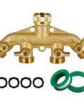 Heavy Duty Brass Hose Splitter 4 Way Garden Connector Three Quarter Inch Durable Hose Adapter With Solid Brass Body Easy Shut Off No Leaks Fits Most Hoses For All Your Yard Watering Needs, brass 4-way splitter with washers