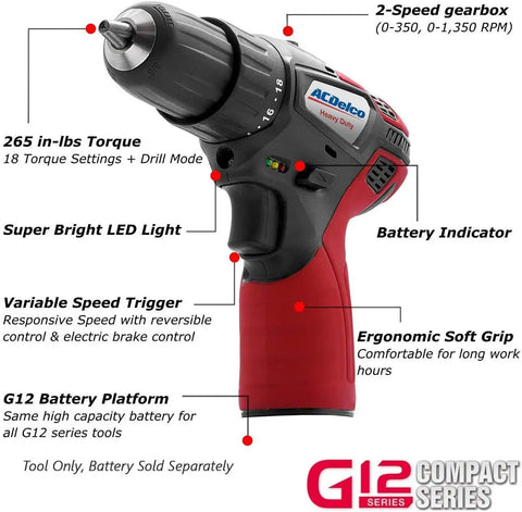 G12 Series 12 Volt Cordless Drill Driver with 265 Inch Pounds Torque featuring LED light, battery indicator, and ergonomic design.