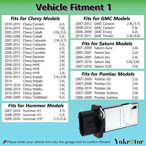 Mass Air Flow Sensor MAF Replacement for Cars and Trucks Direct Fit for 15865791 12576410 2134222 2133134, GM fitment chart