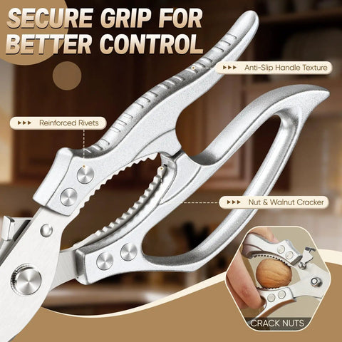 Heavy Duty Poultry Shears For Effortless Cutting And All Purpose Kitchen Scissors With Sharp Durable Blades, Ergonomic Handles, Ideal For Trimming Drumsticks, Wings, Thighs, Ribs, And Both Raw Or Cooked Poultry, silver metal handle with safety lock