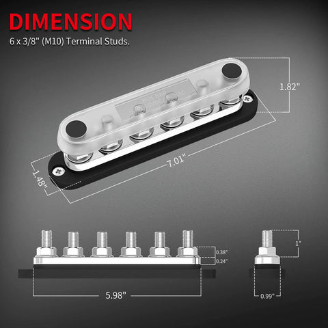 Diagram of Beefy 300 Amp Bus Bar Terminal Block With Cover For Marine And Automotive Power Distribution, 12V System, Six M10 Terminal Studs.