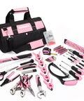 269 Piece All-In-One Home Tool Set with storage bag for DIY projects and everyday home maintenance, pink tools, various items shown