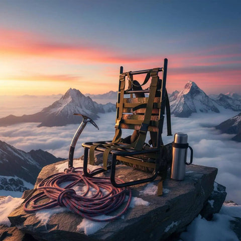 Lightweight Aluminum Backpack Frame For Hiking And Mountaineering with camouflage on rocky mountain at sunrise.