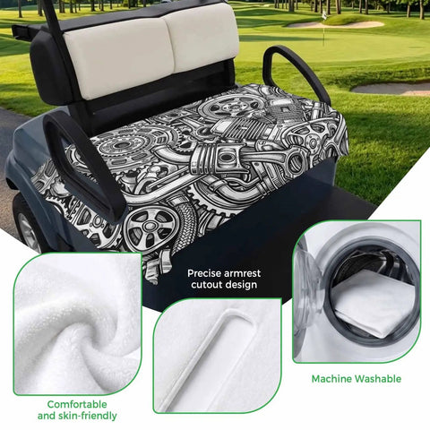 Golf cart with Universal Golf Cart Seat Covers And Towel Blanket 51x31 Inches In Black And Grey for Yamaha EZGO, armrest design.