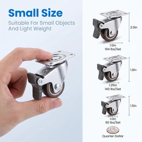 12 Pack 1 Inch Swivel Caster Wheels Real Deal Hardware Kit For Furniture Featuring Six Locking Brake Units And Six Freewheel Rollers Smooth Like Butter, showing small-sized wheel.