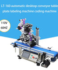 Hassle Free Automatic Desktop Conveyor Labeling Machine 110V Belt Feed Sticker Applicator For Cosmetics Beverages Flat Bottle Packaging, with touchscreen controls and conveyor system.