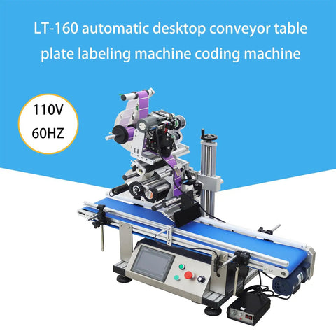 Hassle Free Automatic Desktop Conveyor Labeling Machine 110V Belt Feed Sticker Applicator For Cosmetics Beverages Flat Bottle Packaging, with touchscreen controls and conveyor system.