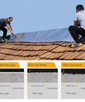 Two men applying Heavy Duty Flashing Tape For Roofs Hella Waterproof Aluminum Foil Underlayment Roll Sealant Membrane on a tiled roof.