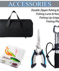 6.9 Foot Telescopic Fishing Rod And Reel Combo With Pliers And Lip Gripper, accessories including black bag and lures.
