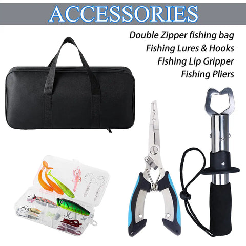 6.9 Foot Telescopic Fishing Rod And Reel Combo With Pliers And Lip Gripper, accessories including black bag and lures.