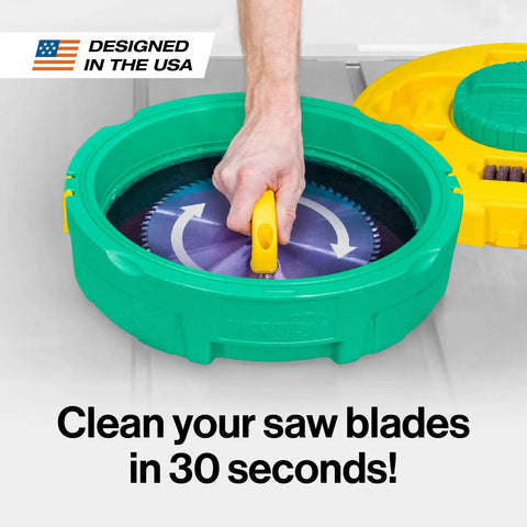 Person using BladeClean Saw Blade And Router Bit Cleaning Kit System With CPR Disc Set for fast blade cleaning