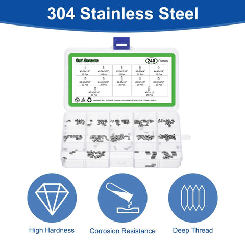 Allen Head Socket Hex Grub Screw Set Kit, 240 Piece Assortment With 12 Sizes, Stainless Steel 304 in labeled storage box