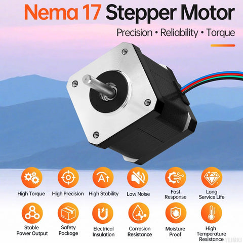 Front view of Nema 17 stepper motor with silver mounting face, black body, and 4-wire cable.