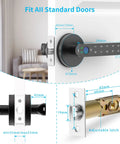 Diagram of Fingerprint Door Lock With Keypad And Password for easy no key entry, showing dimensions and latch details, black handle.
