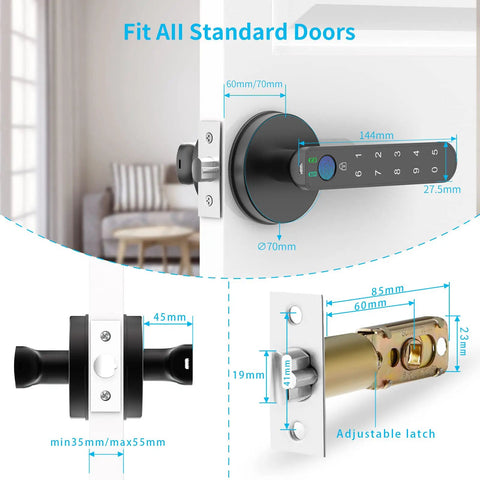 Diagram of Fingerprint Door Lock With Keypad And Password for easy no key entry, showing dimensions and latch details, black handle.