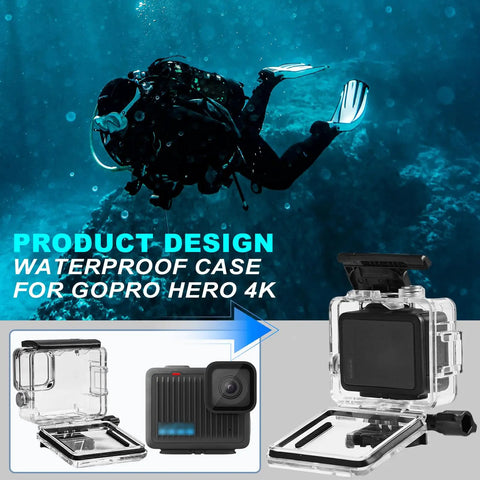 Waterproof Case For Hero 4K Action Camera With 196FT 60M Underwater Depth shown in dive environment.