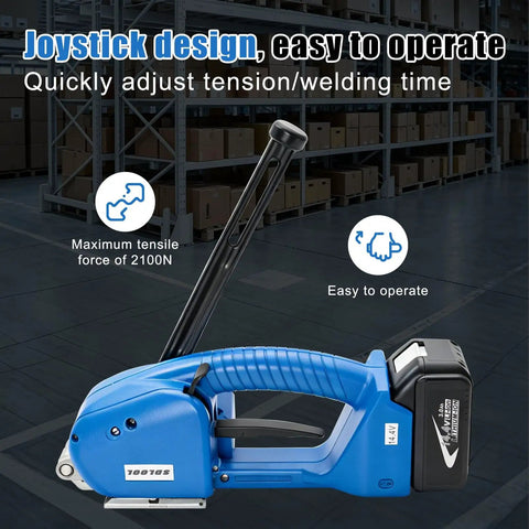 Cordless Electric Strapping Tool For Half To Five Eighths Inch PP And PET Straps with joystick in warehouse setting