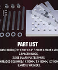 Pro Grade Heavy Duty Universal Drill Press Support Block Plate Tool Kit For 30 Ton Bearing And Bushing Repair Removal Installation For Auto Maintenance And DIY Car Projects part list with components including base block, spacer block, and threaded columns.