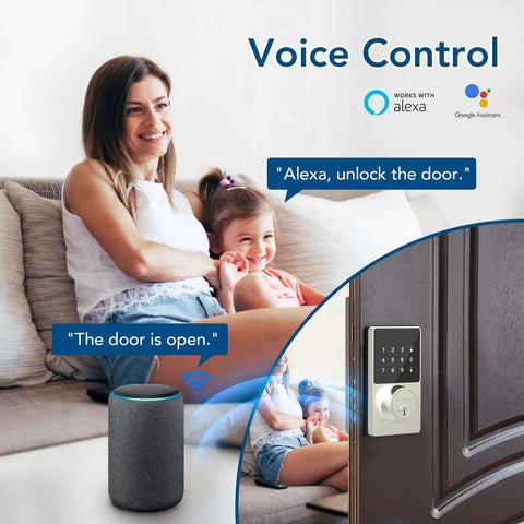 Woman using voice assistant to control touchscreen keypad smart deadbolt with Wi Fi and Bluetooth, keyless entry and remote control via app.